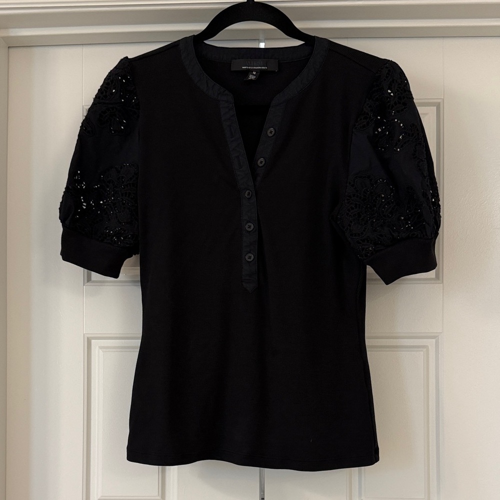 White House Black Market Black Puff-Sleeve Henley with Lace Sleeves